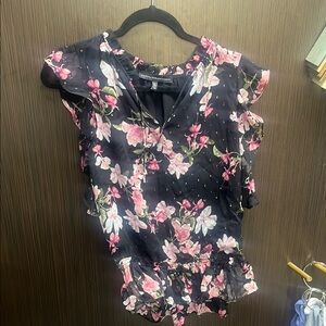 White House Black Market Ruffled Floral Blouse in Black and Pink